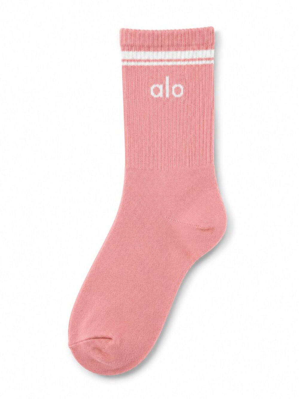 ALO Yoga Women's Rose Pink Crew Socks with White Stripe - NEW